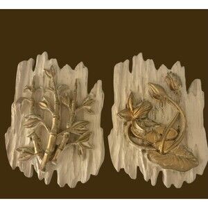 2 Floral Chalkware 3-D Wall Hangings MCM Hand Painted Gold Mid-Century Decor
